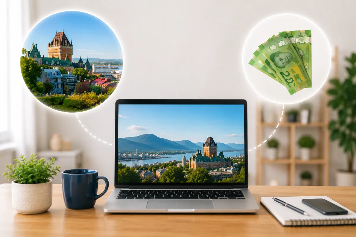 Bureau avec ordinateur portable affichant un paysage de Québec pour comparer les prêts en ligne