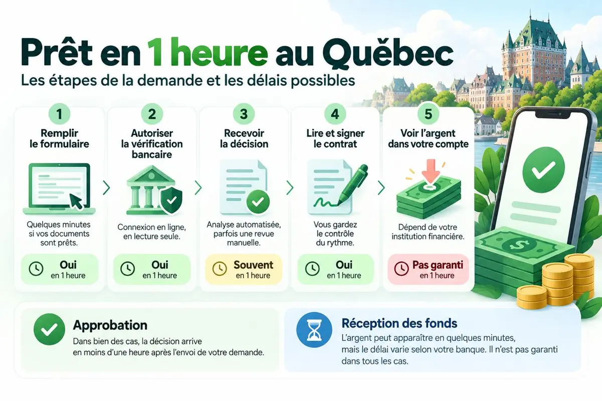 Infographie: les cinq étapes d’un prêt en 1 heure au Québec et les délais possibles
