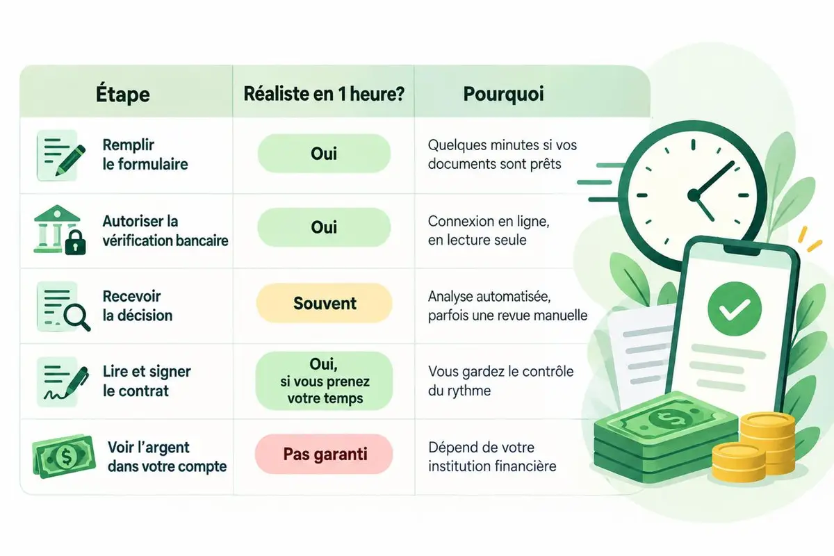Tableau des étapes d’une demande de prêt et de ce qui est réaliste en 1 heure